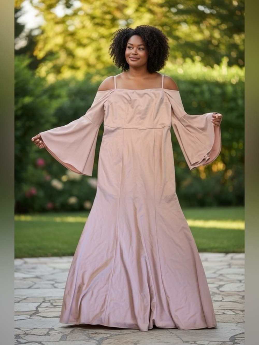 🫶🏻 Fashion Nova Elegant Blush Cold-Shoulder Maxi Dress with Bell Sleeves